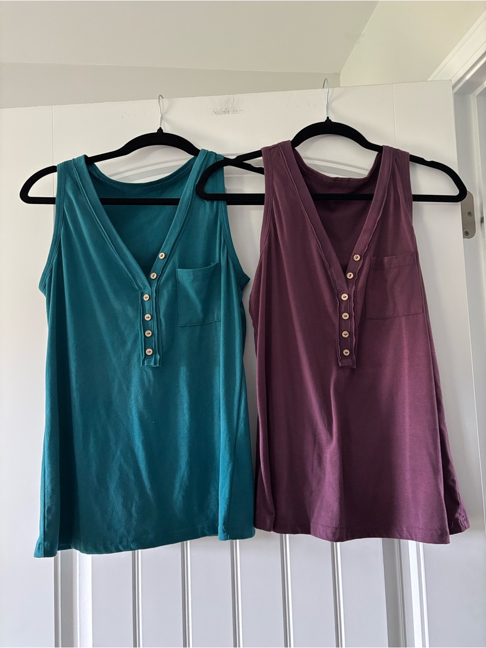SHEIN Teal and Plum V-Neck Button Pocket Tank Tops